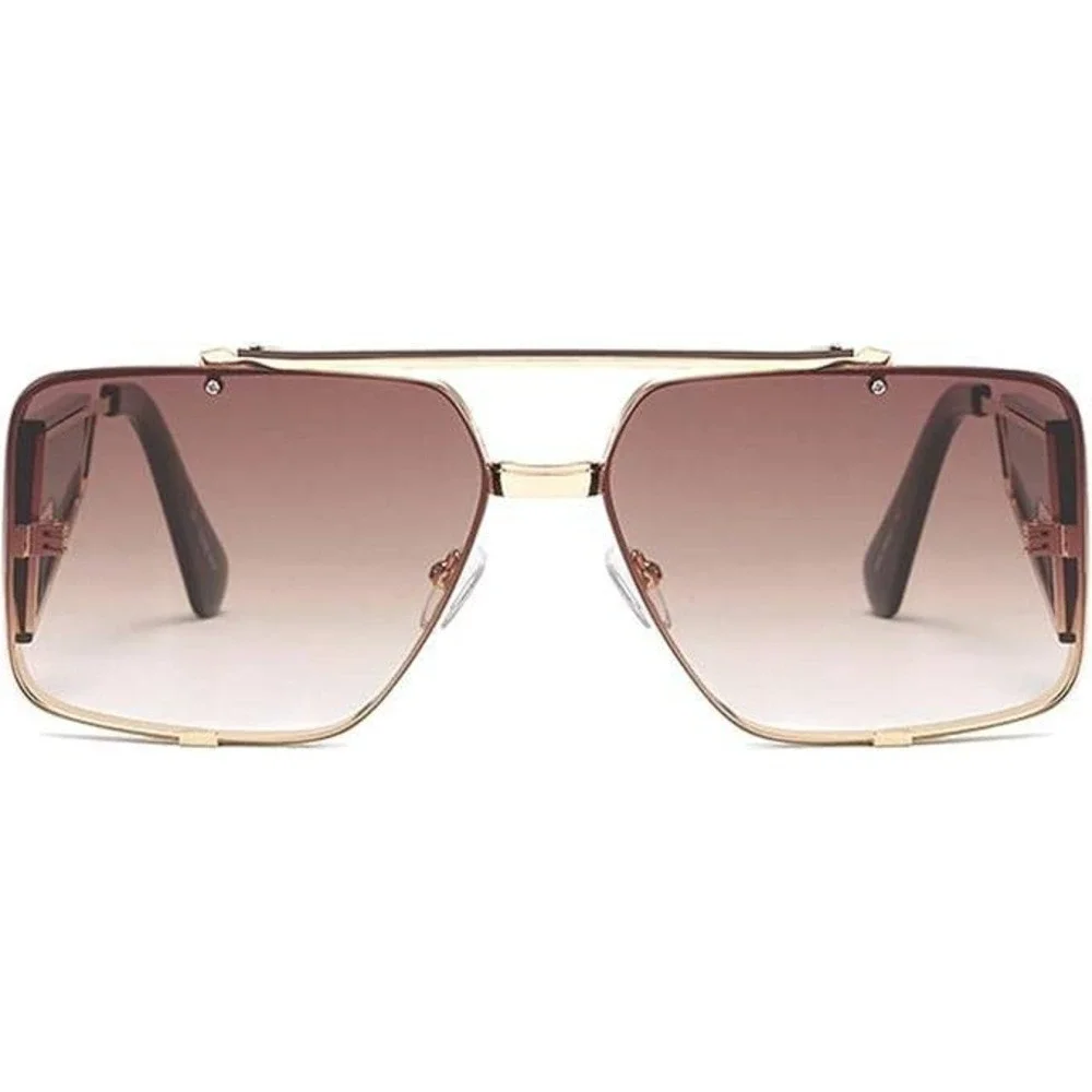 Flat Big‎ Lens Sunglasses Gold Metal Frame Men Shades Brown Lens Aviator UV400